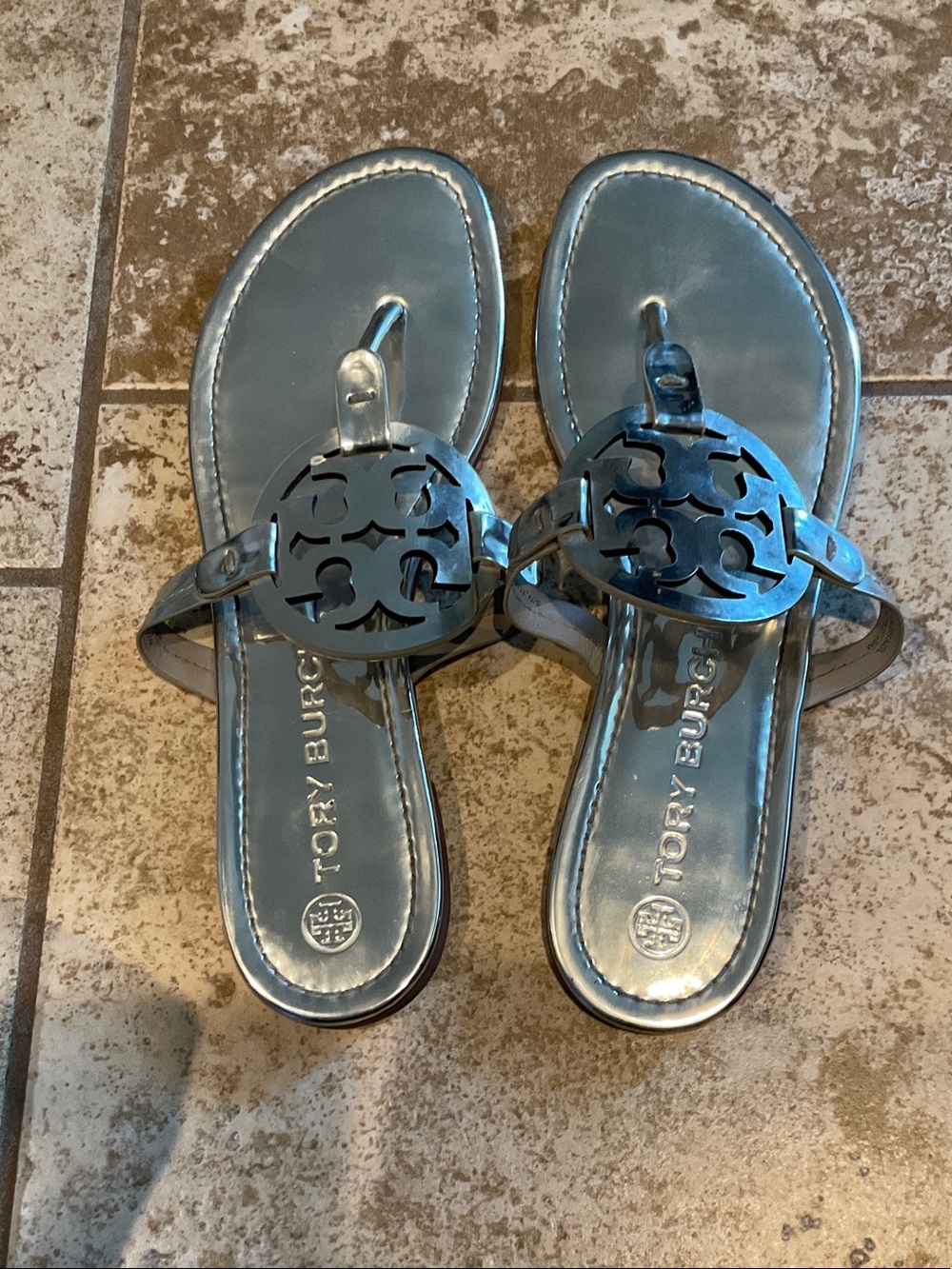 Tory Burch Metallic Silver Logo Thong Sandals